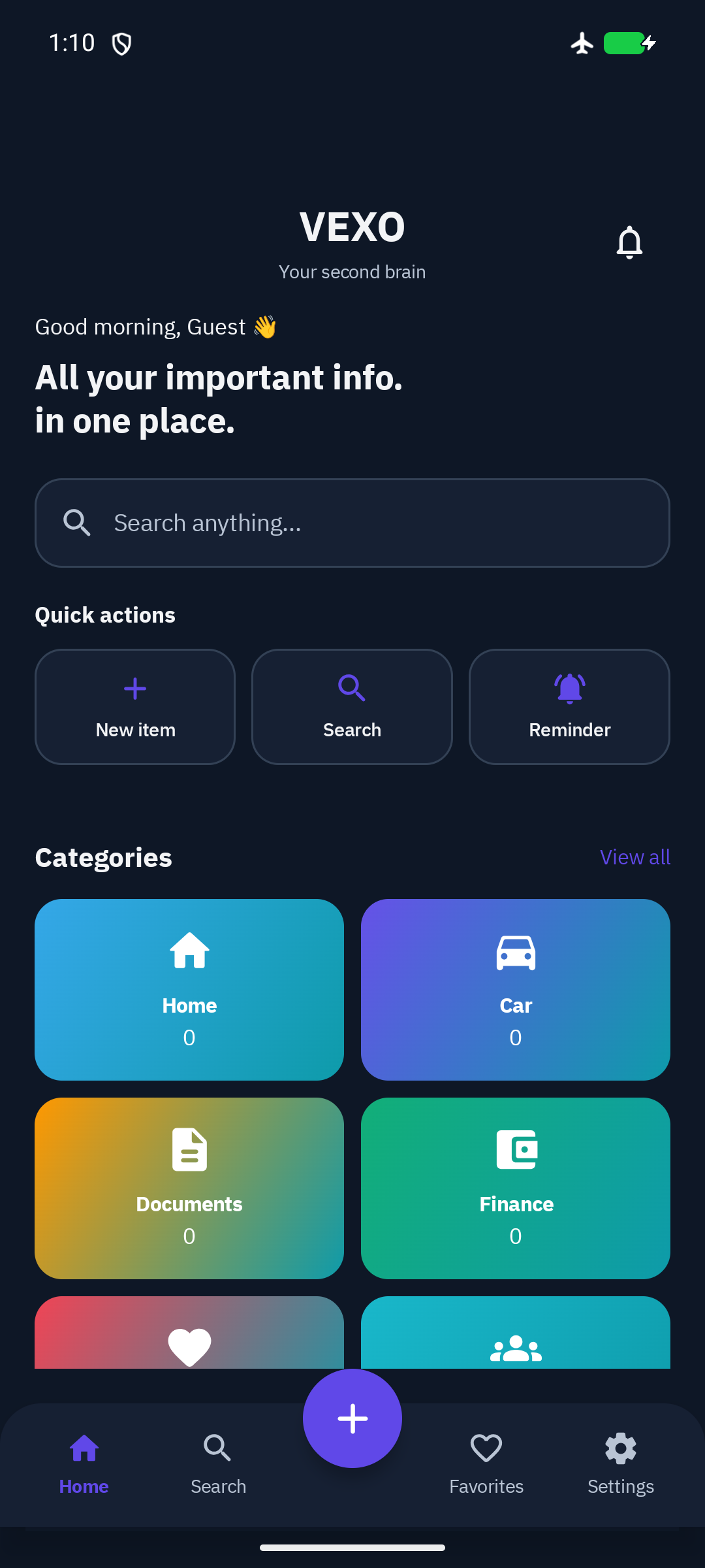 VEXO Hub organized categories in dark mode