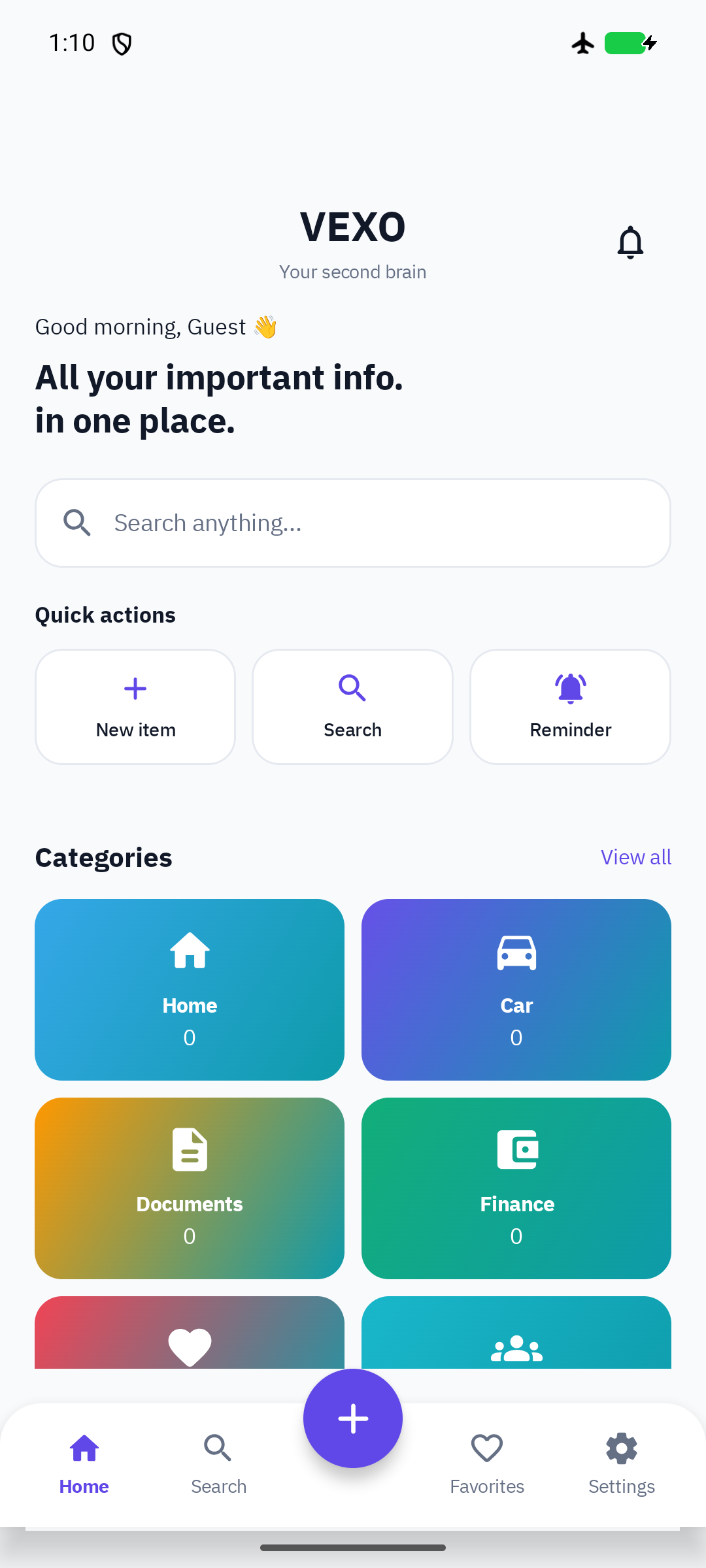 VEXO Hub dashboard in light mode